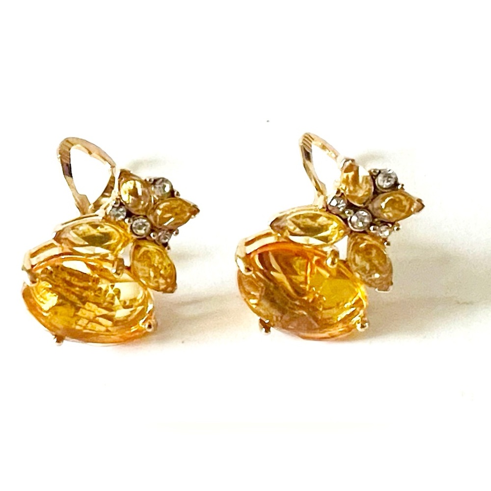 VINTAGE MONET 1980S GOLD PLATED Citrine AND RHINESTONE CLIP ON EARRINGS